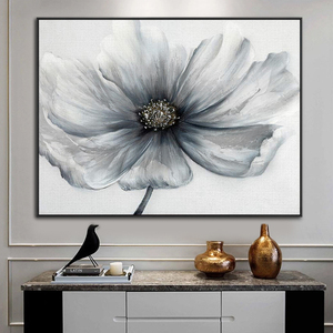 Elegante Dipinto a Mano di Fiori Astratti Grigio e Bianco, <span class=keywords><strong>Arte</strong></span> Murale Floreale Moderna e Texturizzata per Soggiorno e Camera da Letto - Product Image 1