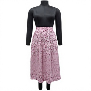Women's High Waist Floral Print 100% Cotton Woven Chiffon A-Line Ankle-Length Soft <b>Pleated</b> Gathered Bohemian Zipper Breathable - Product Image 1