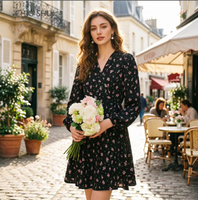 CHIU SHUI Robe élégante à pois pour femme, col à volants, manches longues, en mousseline de soie, longueur midi, style vintage