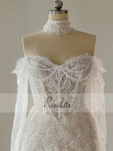 Abito <span class=keywords><strong>da</strong></span> <span class=keywords><strong>sposa</strong></span> corto Ruolai QW02285 con maniche lunghe, allacciatura posteriore, pizzo e perline, vita basca - Product Image 4