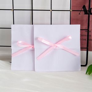 Bolsa de terciopelo blanco para embalaje de joyas, 8x8cm 9x9cm, con cinta rosa para guardar collares y colgantes - Product Image 1