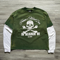 Camiseta de Manga Larga Personalizada de Doble Capa, Tejido de Algodón Grueso, Corte Cuadrado, con Estampado de Letras y Logotipo, Lavado Ácido, Efecto Desgastado por el Sol, Talla Grande para Hombre