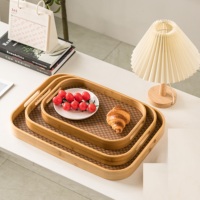 Plateau de service en bambou Honvidora durable, à coins arrondis, avec poignées creuses, motif géométrique hexagonal, base en cuir, pour cuisine et hôtel