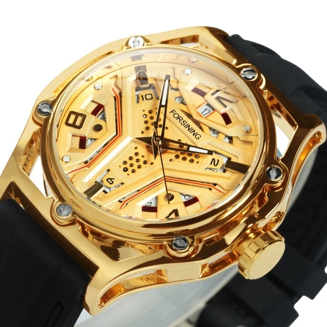 Forsining Gold Sports Mens Watches Outdoor Mechanical Watches for Men Fashion Calendar Hollow Out Dial Sports Automatic Watches
