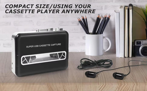 Lecteur de cassette portable rétro avec radio AM/FM et haut-parleur, convertisseur MP3, enregistreur audio portable, plastique noir, avec alimentation USB - Product Image 2