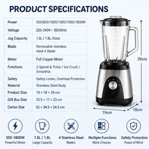 Nueva Licuadora de Mesa Eléctrica Automática de 350-1800W y 5 Velocidades, Vaso de Vidrio de 1.5L, Carcasa de Acero Inoxidable, para Preparar Smoothies - Product Image 6