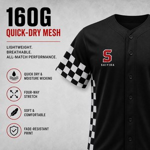 Maillot de baseball personnalisé en gros, imprimé damier, séchage rapide, respirant, boutonné, en polyester, uniforme d'équipe par sublimation - Product Image 2