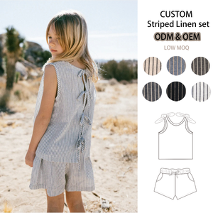 Set estivo da <span class=keywords><strong>bambina</strong></span> a righe in lino e cotone senza maniche con cravatta e pantaloncini con coulisse completo da 2 pezzi - Product Image 1