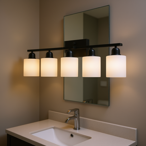 Modern Bathroom Vanity <b>Light</b> 5-<b>Light</b> Black Iron Wall Mounted Frosted <b>Glass</b> <b>Shades</b> E26 LED Warm White 3500K - Product Image 2