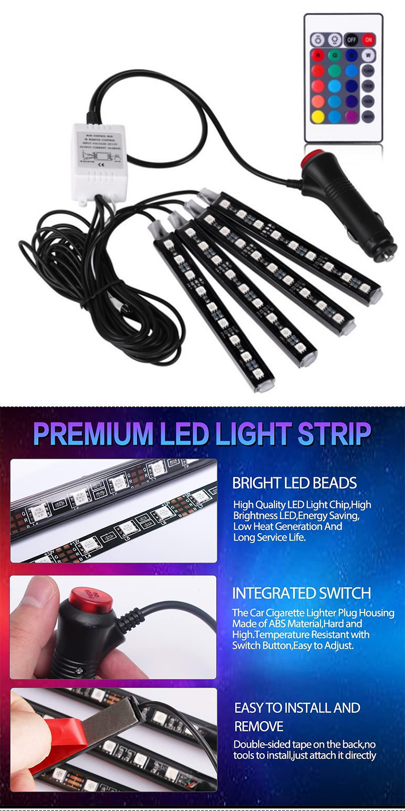 DC 12V 4 pcs 36 LED Car LED Strip Multicolor Car Interior Atmosphere LED Lights