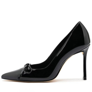 <b>Large</b> Size 46 Women Pointed Toe Solid Shoes High Thin Heels Silver Patent Sandals Dress Stiletto Wide Feet Front <b>Bow</b> Pumps - Product Image 2