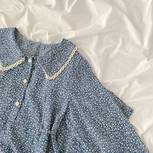 Vestido Retro con Estampado Floral Azul, Manga Larga, Midi, Estilo Coreano, Casual, para Estudiantes, Talla Única, Fibra de Poliéster - Product Image 3