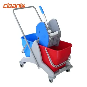 Chariot de nettoyage avec serpillère pour le nettoyage humide des sols, en microfibre et coton, double seau en plastique