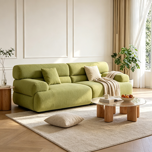 Canapé d'angle moderne et minimaliste en tissu bouclé vert avec accoudoirs rembourrés, pieds en bois et dossier coussiné pour salon - Product Image 6