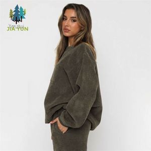 Yanzhui Hochwertiges Warmes Cord-Damen-Set Winter Einfarbiges Zweiteiler-Set Modischer O-Ausschnitt Sweatshirt Jogginganzug - Product Image 6