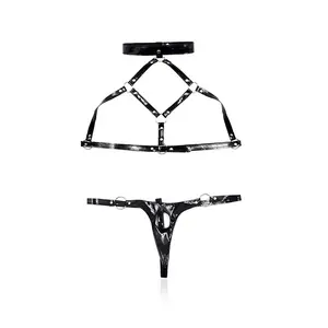 Male Erotic Underwear Black Shiny Leather Bondage Dress Erotic Shorts with Penis Ring Body Harness BDSM Adult Flirt Toys