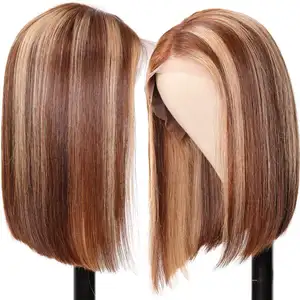 Korte Bob Hoogtepunt 4/27 Kleur Menselijk Haar Lace Front Pruiken Bruin Ombre Remy Haar Pre Geplukt Zwitserse Kant Pruiken