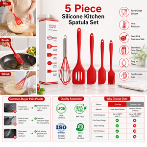 Lot <span class=keywords><strong>de</strong></span> 5 spatules <span class=keywords><strong>de</strong></span> <span class=keywords><strong>cuisine</strong></span> en silicone personnalisables avec logo, OEM/ODM, faciles à nettoyer, réutilisables, pour la pâtisserie, avec emballage à marque privée - Product Image 1