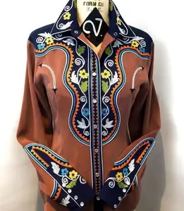 Yüksek kalite moda baskılı batı kadın uzun kollu gömlek Vintage kadın rahat meksika kovboy Polo T Shirt 2024