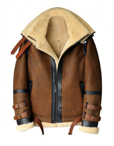Men's Real Sheepskin B3 Flight Jacket Distressed Double Collar Bomber with Warm <b>Fur</b> Leather OEM Customizable - Product Image 1