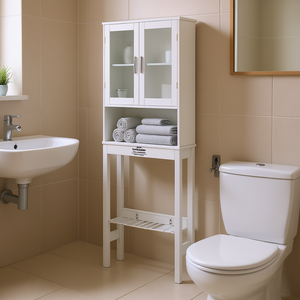 Meuble de rangement de salle de bain blanc pour toilettes, 24 pouces, en bois, avec étagère réglable, design minimaliste autoportant - Product Image 2