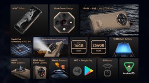 Téléphone robuste Ulefone Armor X16 Pro 5G, processeur octa-core, étanche IP68, Android 16, 10360 mAh, lampe torche anti-éblouissement, caméra de nuit - Product Image 5