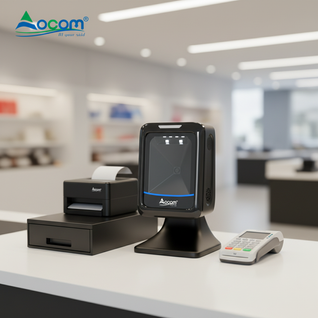 OCBS-T288 OCOM Newest High Speed Auto Sense Scanning Barcode Reader USB 2D CMOS Qr Code Desktop Barcode Scanner for Supermarket