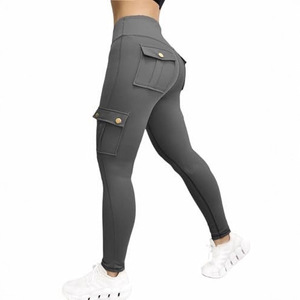 Pantalones de yoga de cintura alta para mujer, largos, de spandex/poliéster, con efecto levanta glúteos y bolsillos con solapa, control de abdomen - Product Image 4