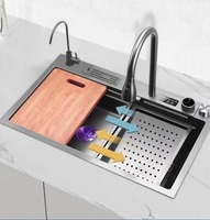 Fregadero de cocina évier de cuisine multifonction noir en acier inoxydable, bol unique cascade avec porte-couteau