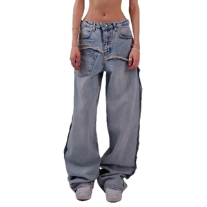 Vaqueros de mezclilla de cintura alta y pierna ancha con patchwork, corte holgado, largo completo, de algodón lavado a la piedra, estilo casual para mujer, estilo otoñal - Product Image 1