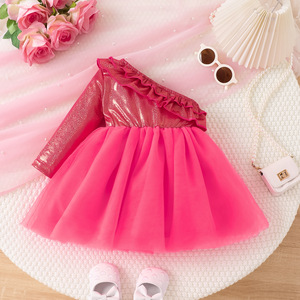 Baby Girl's Rose <b>Red</b> <b>Sequined</b> Dress Off-Shoulder Ruffled Mesh Skirt Sweet Princess Style Party Dress 0-4Y - Product Image 1
