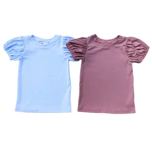 Summer wholesales baby top blank rib cotton short puff sleeve girl t-shirts flare ruffle raglan ribbed t-shirts