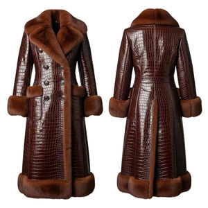 <b>Brown</b> Genuine Leather Shearling Coat <b>for</b> <b>Women</b> Croc Embossed Fur Trim Maxi Double Breasted Shawl Collar - Product Image 6