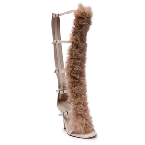 Summer Open Toe High Heels <b>Shoes</b> Custom Front Fur Long Boots Women Cut Out Belt Buckles Knee High Back Zipper Furry Boots - Product Image 6