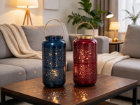 Ensemble de 2 lanternes en métal perforé, lanterne décorative cylindrique dégradée bleu foncé et rouge vin pour la décoration intérieure et extérieure