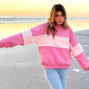 Produttori di Pullover ricamato <span class=keywords><strong>oversize</strong></span> di alta qualità in pile di cotone <span class=keywords><strong>rosa</strong></span> Patchwork <span class=keywords><strong>felpa</strong></span> con girocollo - Product Image 4