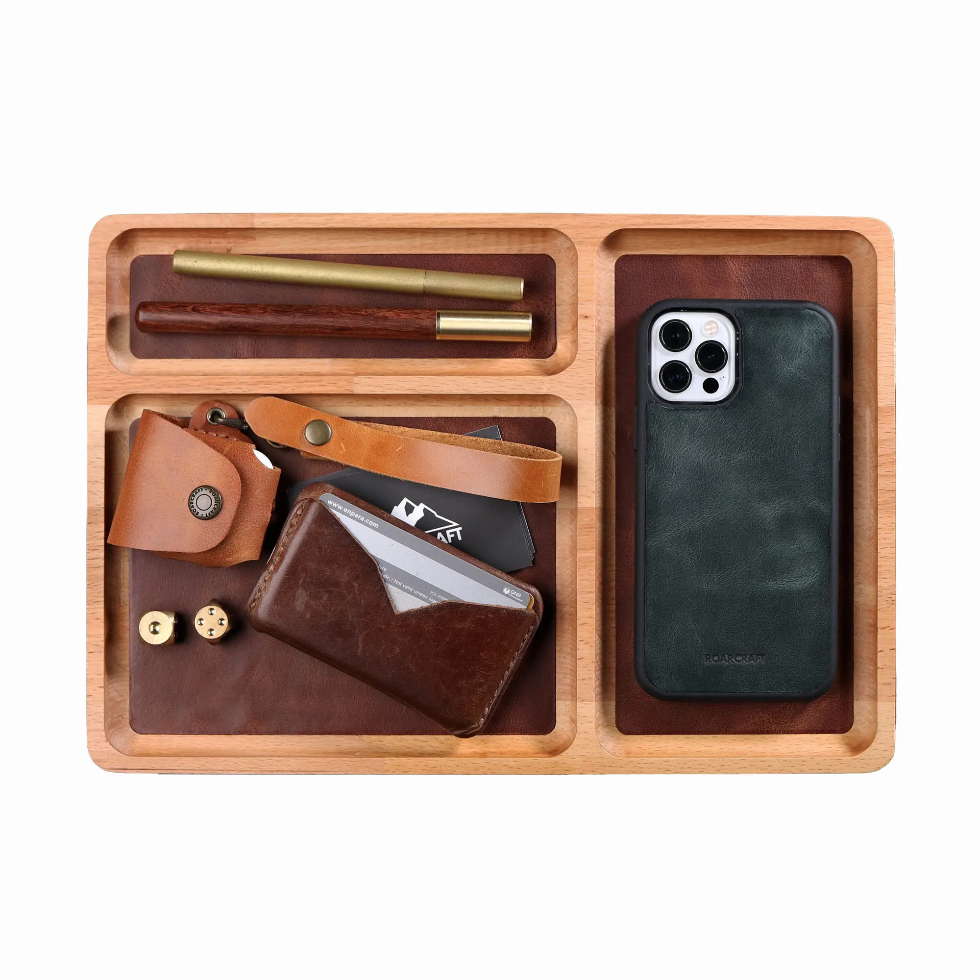 Organisateur de doublure en cuir de couleur naturelle de luxe plateau en bois stylo téléphone portefeuille bureau en bois plateau de rangement en cuir