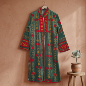 Wholesale Indian Handmade Suzani Embroidered Green Velvet Kimono Jacket Long Duster <b>Coat</b> Vintage Red Floral Vine Motif <b>Women</b> - Product Image 6