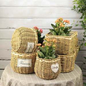 Cesta de flores de paja, cesta decorativa de madera tejida a mano, maceta nórdica para suculentas, maceta de ratán, verde - Product Image 2