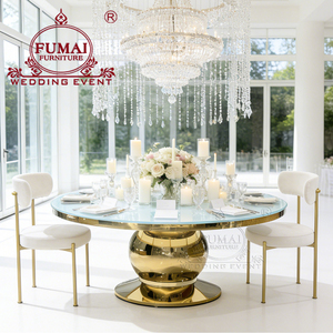 Muebles de Hotel Usados para Bodas de Lujo en Dubái, Mesa de Comedor Redonda de Acero Inoxidable con Base de Titanio Dorado y Vidrio Templado para Uso en Exteriores - Product Image 3