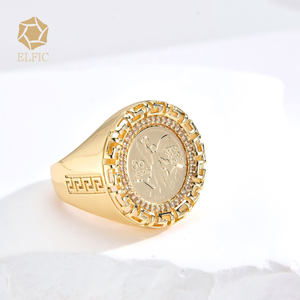 Elfic 도매 14K 골드 필드 지르콘 멕시코 50페소 참 스퀘어 코인 구리 남녀공용 밴드 반지 - Product Image 4