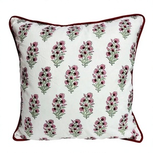 <b>Indian</b> Bohemian Luxury Floral Contrasting Piping Pillow Covers Block Printed Cushions Made Upholstery Cotton Fabric <b>Throw</b> Pillow - Product Image 1