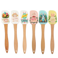 Spatule en silicone de qualité alimentaire à motif de fleurs drôles avec grattoir de mélange à manche en bois pour la cuisson et le sauté