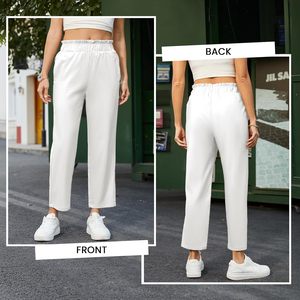 Pantalon décontracté femme FOXA taille haute en lin et coton, coupe fuselée longueur cheville avec poches, respirant, idéal pour les vacances et la détente - Product Image 3