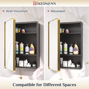 Elegante marco de metal en tonos dorados, gabinete de baño Rectangular de una sola Puerta, espejo de baño montado en la pared iluminado, esquinas redondeadas - Product Image 6