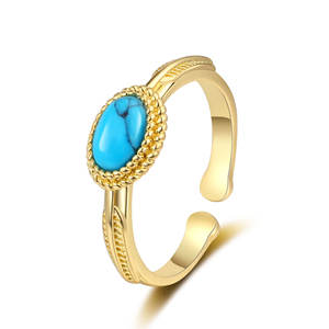 Bague en pierre précieuse turquoise naturelle pour femmes, style ethnique vintage, design ouvert pour l'index, plaqué or 18 carats, rétro géométrique - Product Image 1
