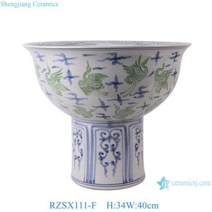 Macetas de Cerámica de Pedestal Alto RZSX111-F de Jingdezhen, Diseño de Grullas Antiguas en Azul y Verde, Tazón Grande de Porcelana - Product Image 6