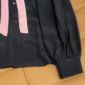 Chemisier brodé à col volanté pour femme, manches longues, avec nœud papillon et boutons, style décontracté - Product Image 6