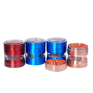 เครื่องบดสมุนไพรแห้ง 4 ชั้น ขนาดใหญ่ ผลิตจากโลหะผสมสังกะสี ขนาด 63*75 มม. พร้อมหน้าต่างด้านข้าง ไฟ LED วงแหวน หมุนได้ ลายคาไลโดสโคป ด้านบน สำหรับ Rukioo - Product Image 1