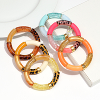 Bracelet vintage pour femme en bambou, perles colorées en marbre, intercalaires dorés scintillants, bracelet élastique en acrylique imprimé léopard